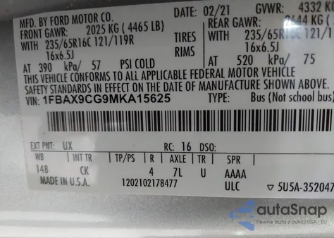 2021 Ford Transit-350 Passenger Van Xlt из США, поврежденный, VIN 1FBAX9CG9MKA15625